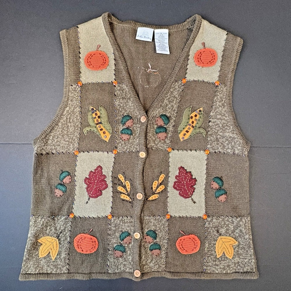 Vintage Bobbie Brooks Sweater Vest Womens XL Green Fall Pumpkin Acorn Leaves